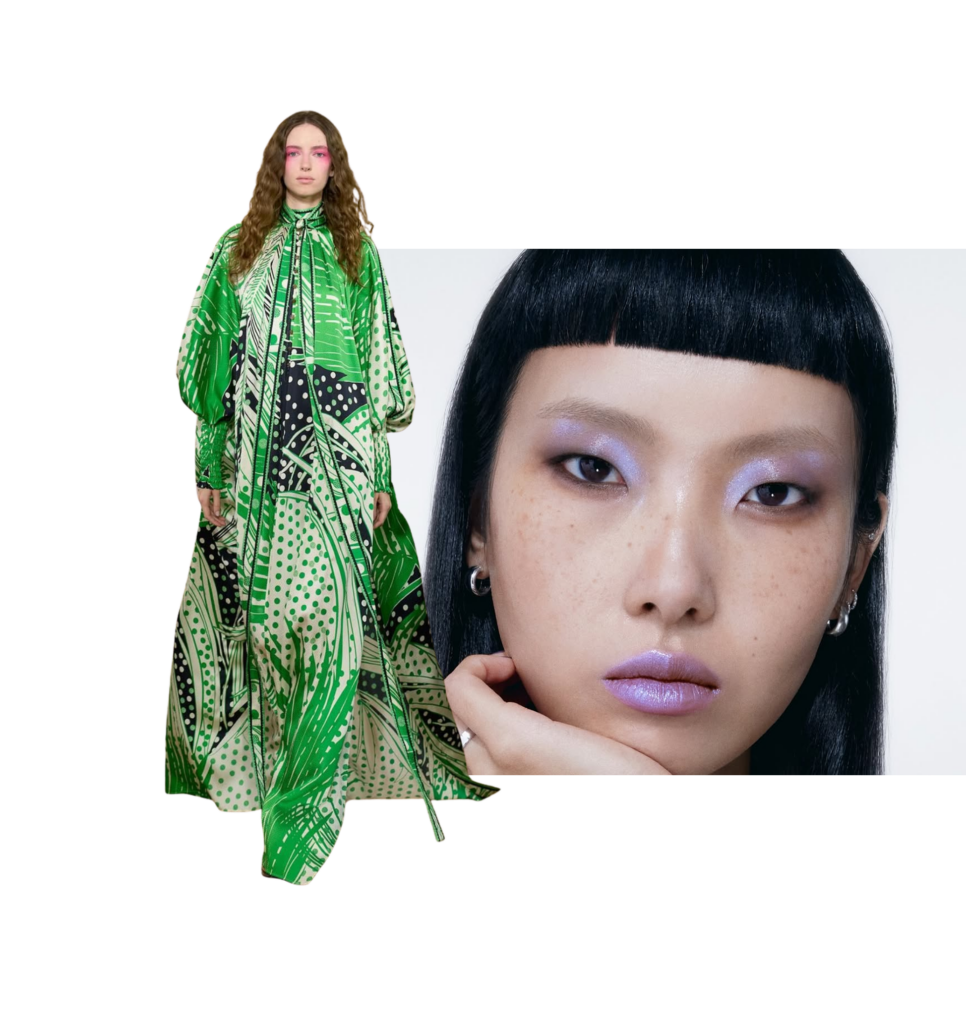 Collage de moda y belleza con look de Leonard Paris SS26 combinado con maquillaje en tonos rosa y lila, que refleja el regreso del color al maquillaje contemporáneo.