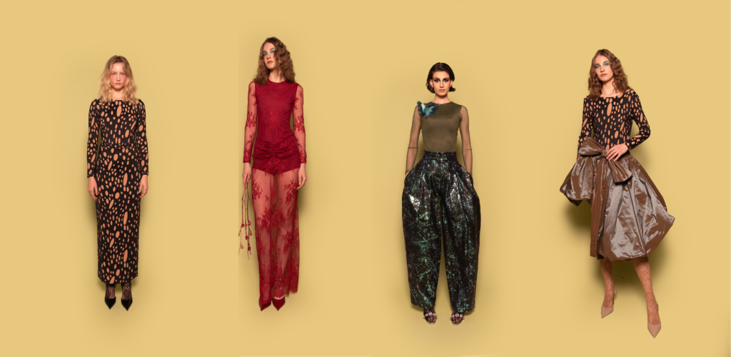 Look de la colección Celestina de Alexia Ulibarri con transparencias y estructura