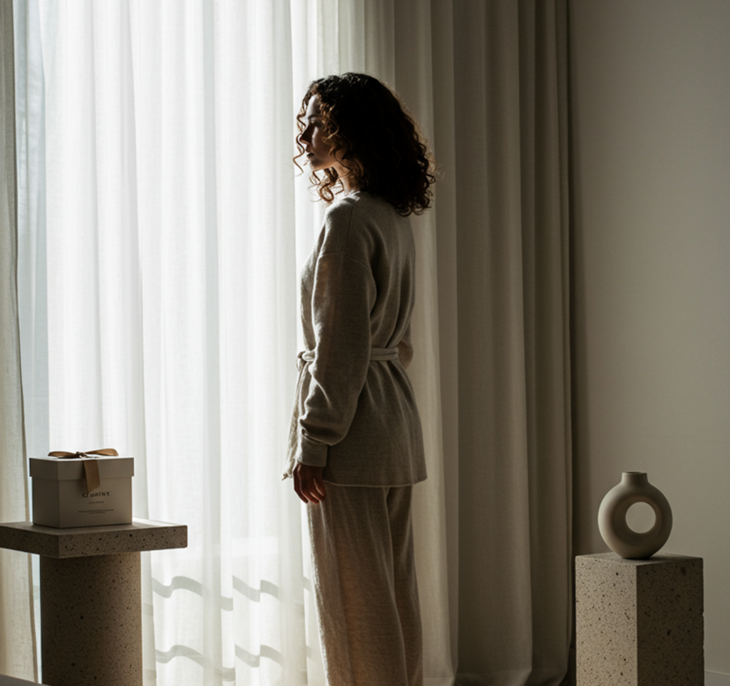 La belleza de la soledad reflejada en una escena doméstica serena, una mujer en calma frente a la luz natural como símbolo de presencia interior.