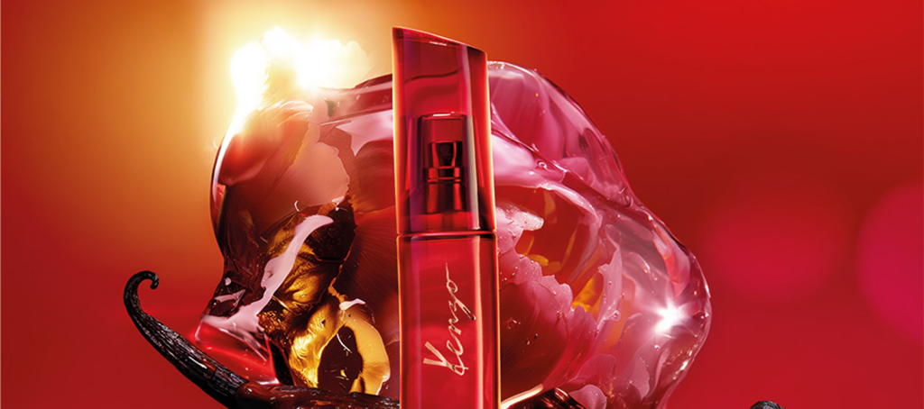 KENZO Le Rouge Flower perfume bottle in deep red lacquered finish