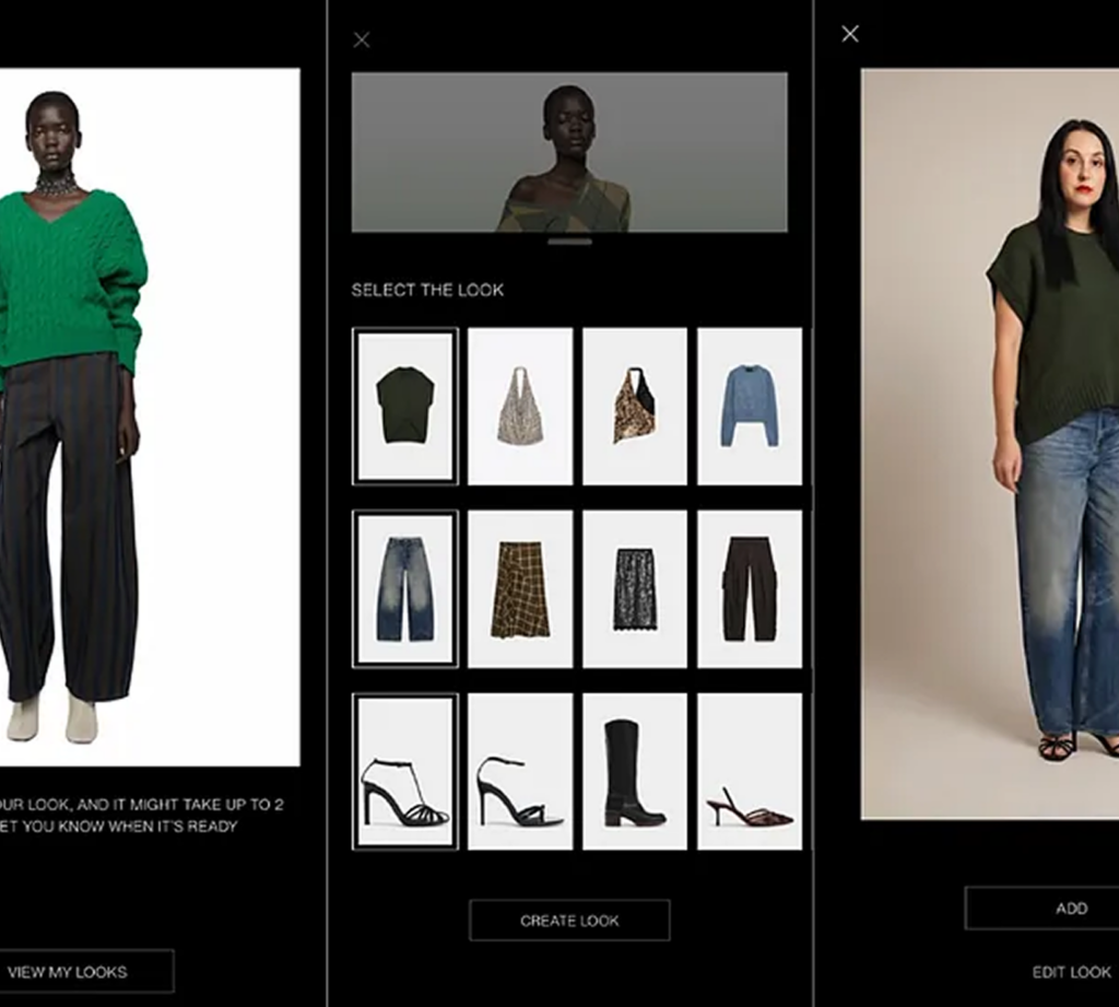Interfaz del probador virtual de Zara que muestra avatares generados por inteligencia artificial y herramientas de selección de outfits dentro de la función de prueba virtual.